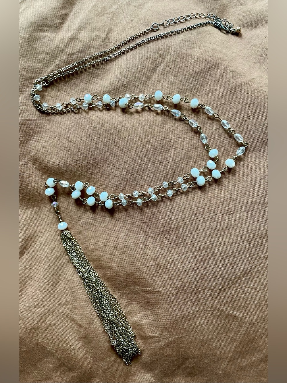 Gold & White Glass Faceted Beaded Tassel Necklace